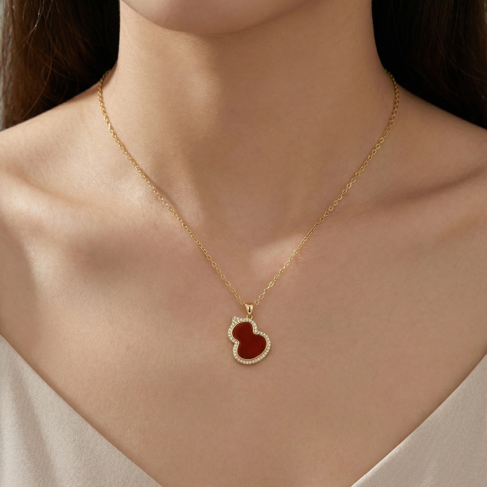 925 Sterling Silver Elegant Red Carnelian Hulu Gourd Pendant Necklace with Sparkling Crystal Halo