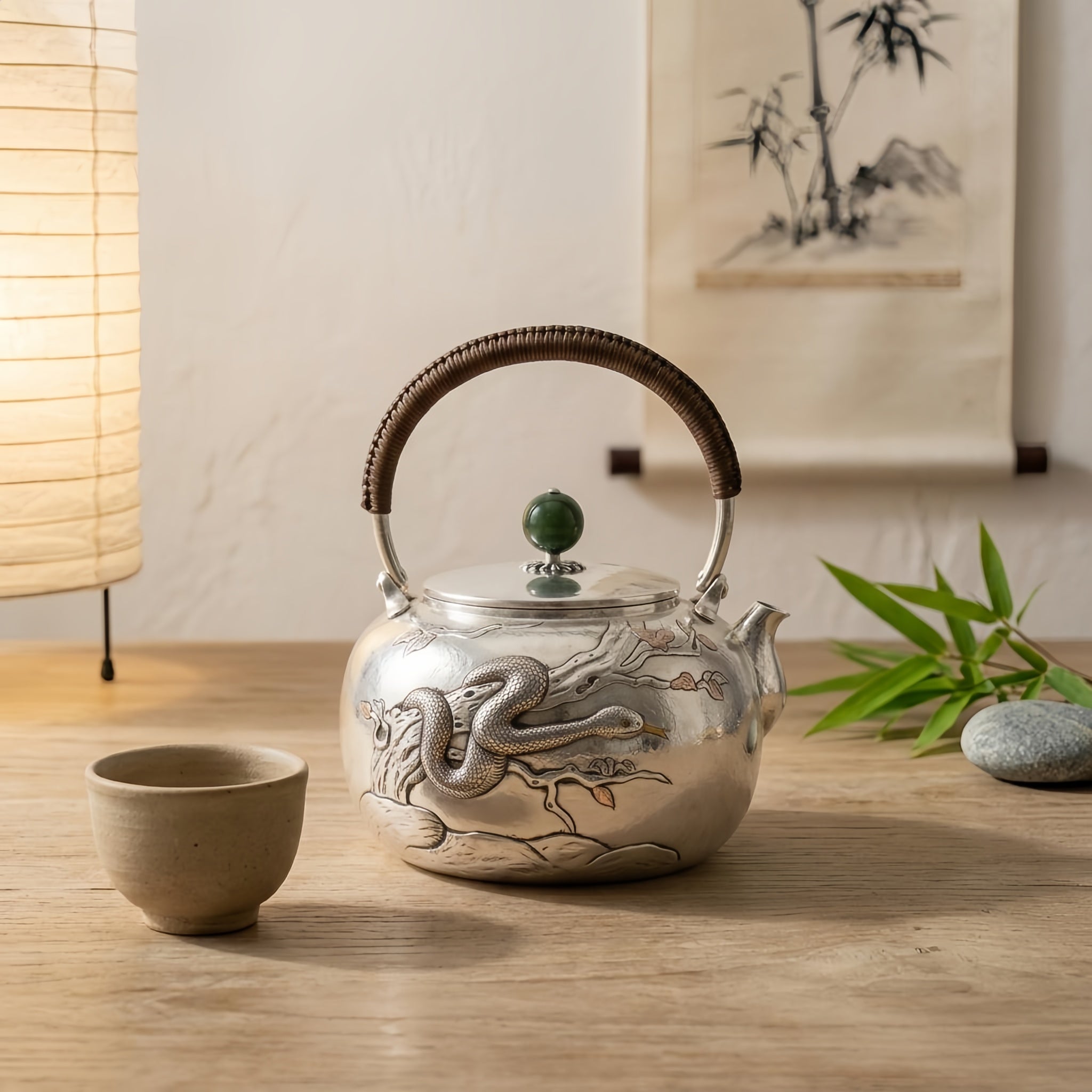 Pure 999 Fine Silver Handcrafted Silver Teapot Featuring Intricate Snake Engraving and Jade Finial - Handicraft