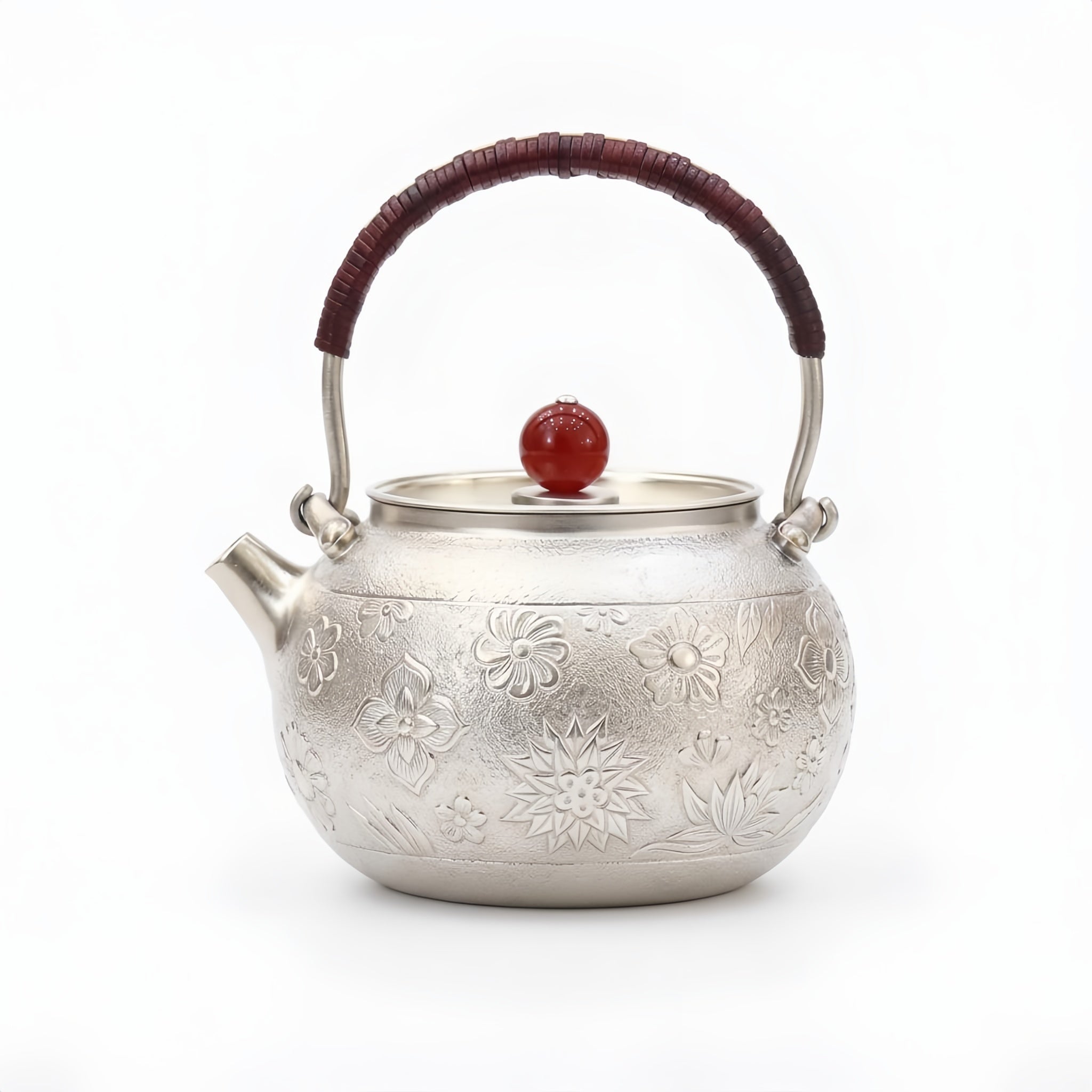 Pure 999 Fine Silver Handcrafted Sterling Silver Teapot with Intricate Floral Engravings and Red Gemstone Finial - Handicraft