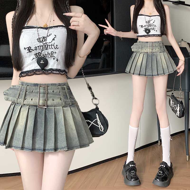 High-waisted Ultra-short Denim American Retro Bad-girl Style Sexy A-line Pleated Skirt