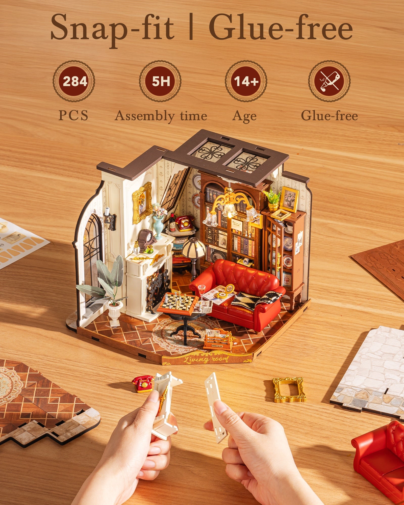 Rolife Catherine's Vintage Living Room Miniature DIY Kit, 284-Piece 3D Dollhouse Model With Classic Decor Details, No Glue Required, Bookshelf Display, Craft Gift For Teens And Adults