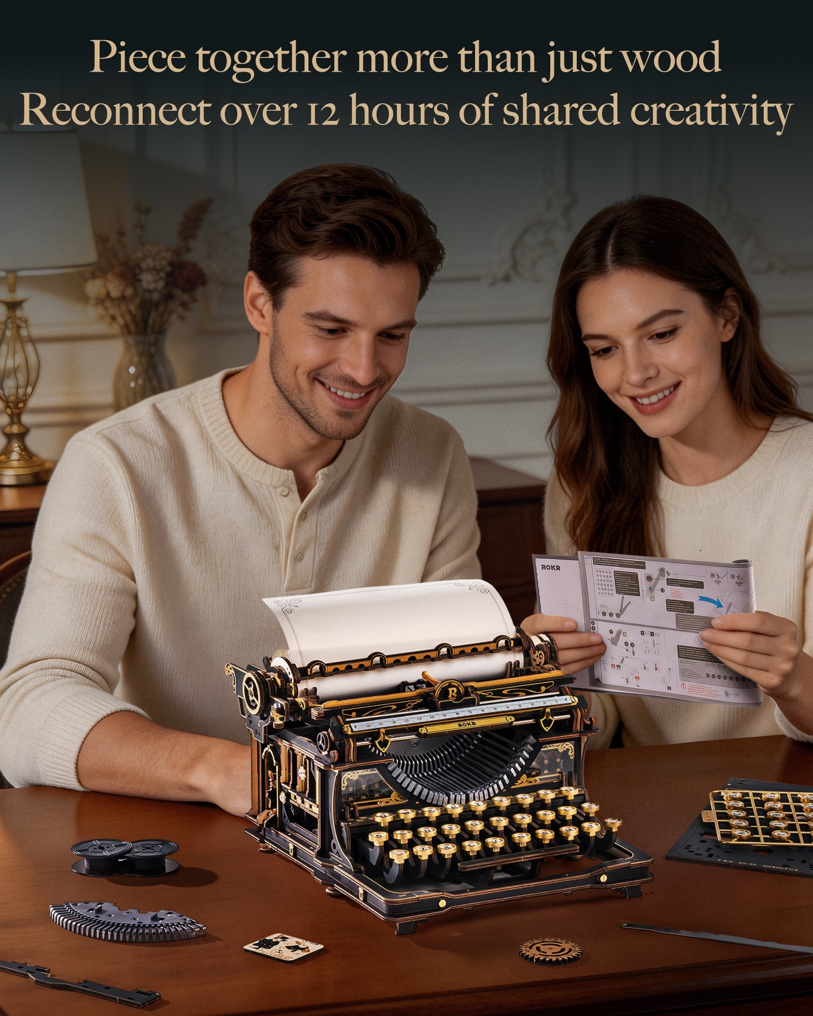 ROKR LK703B 3D Wooden Typewriter Puzzle - Black And Gold Mechanical Model Kit, Fully Functional DIY Toy, Vintage Decoration, And Collectible Gift For Adults