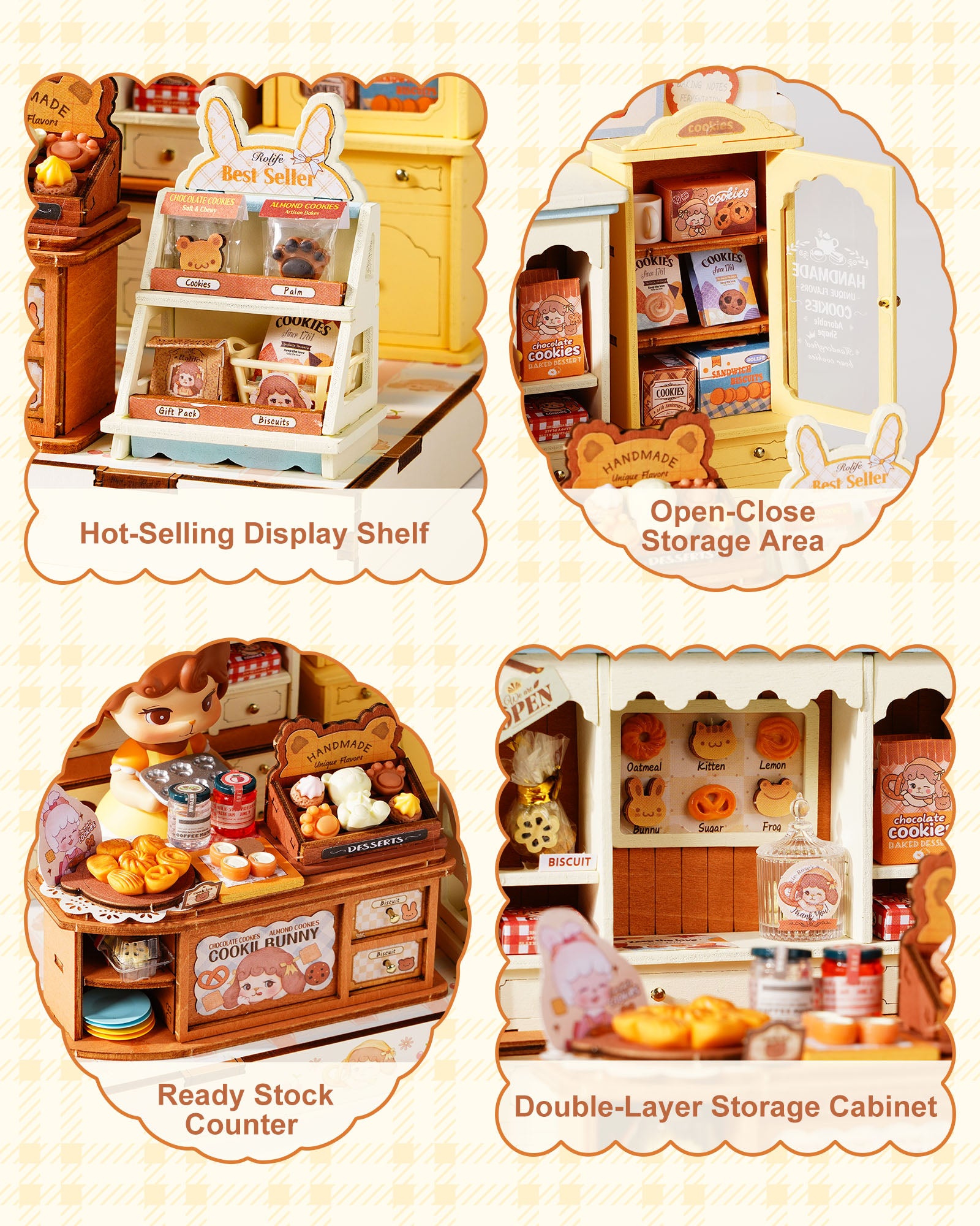 Rolife Cookii Rabbit's Biscuit Shop Mini DIY House Kit, 182-Piece Wooden Bakery Dollhouse, No Glue Required, Home Decor For Adults And Teens, Adorable Gift For Women