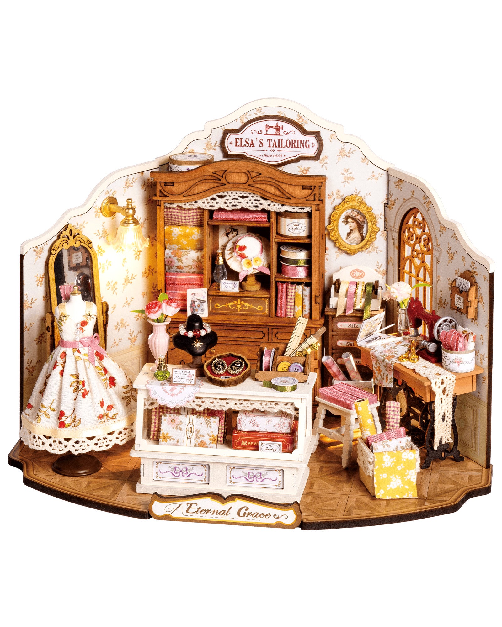Rolife Elsa's Tailor Shop Mini Dollhouse Set, 266 Pieces DIY French Vintage Tailor Shop Dollhouse With LED Lights, Glue-Free Assembly, Home Decor & Adult Gift