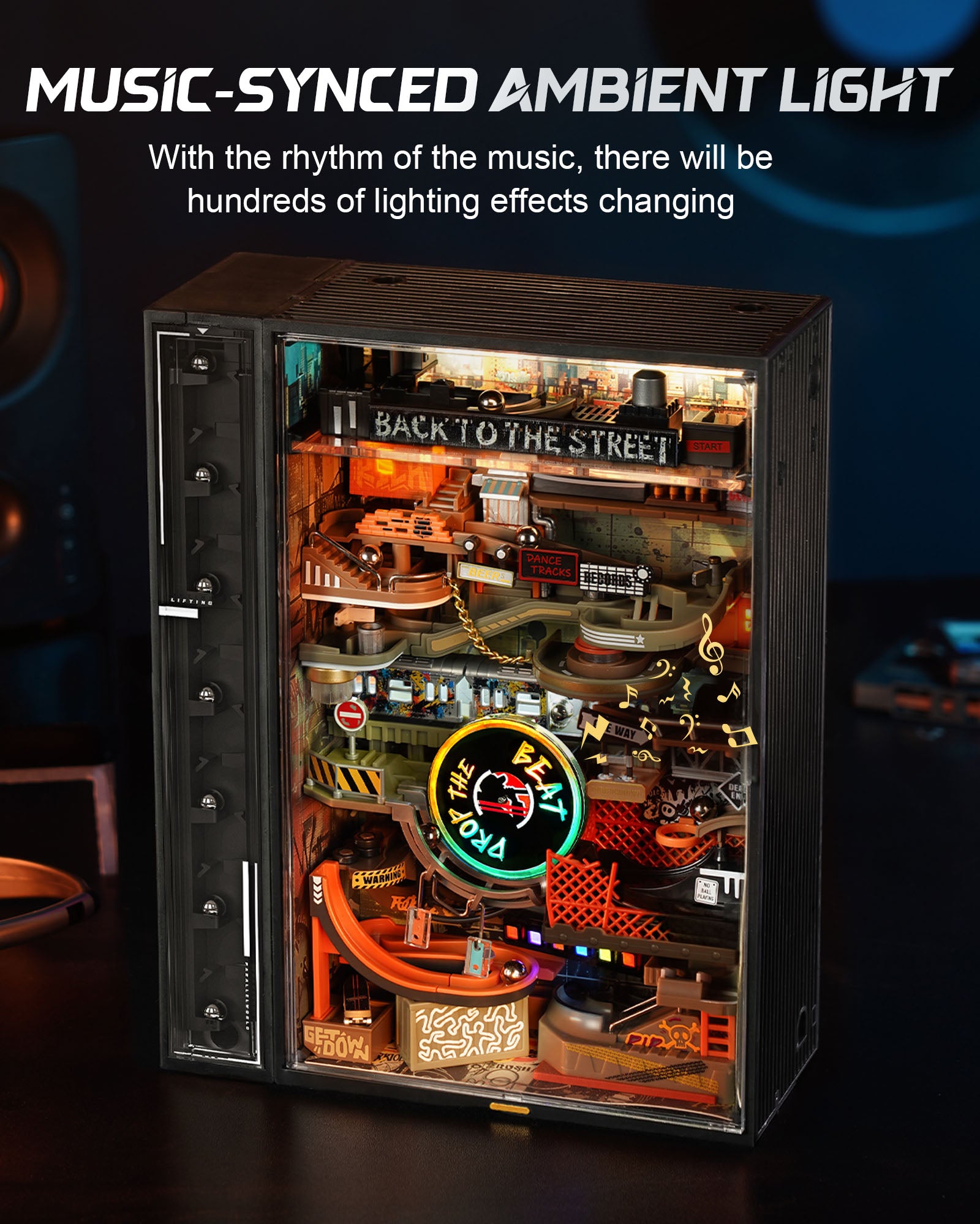 ROKR Parallel World Hip Hop Street Pinball Track, Mechanical 3D Puzzle With LED Lights And Automatic Lifting Function, USB Powered, Cyberpunk Desktop Ornament, DIY Model Assembly Kit MR03S