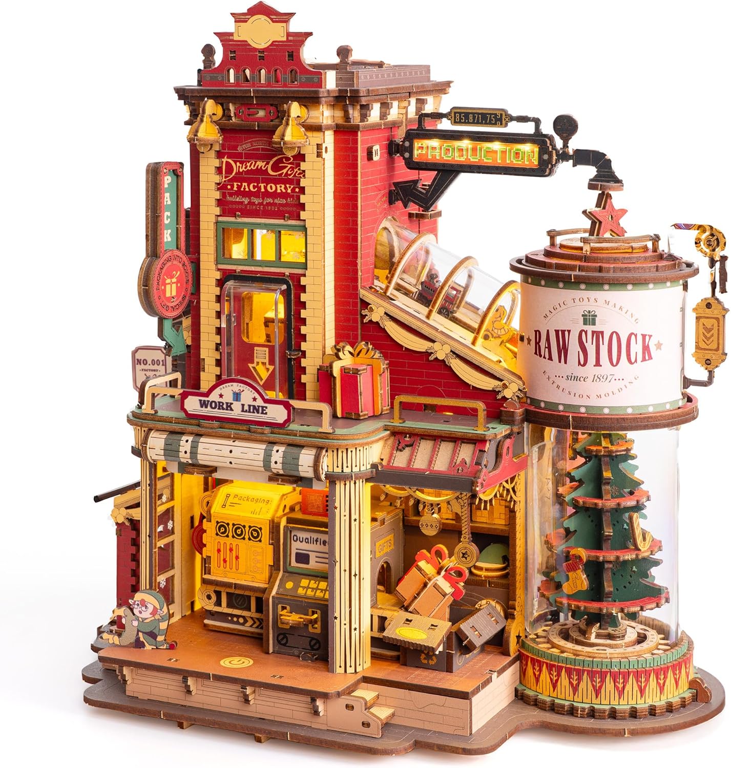 ROBOTIME Gift Factory 3D Puzzle Wooden Model Kits For Adults DIY Retro Vintage Toy Production Construction Craft Kit Luminous Factory With Music Lights And 5 Elves For Kids Teens Adults