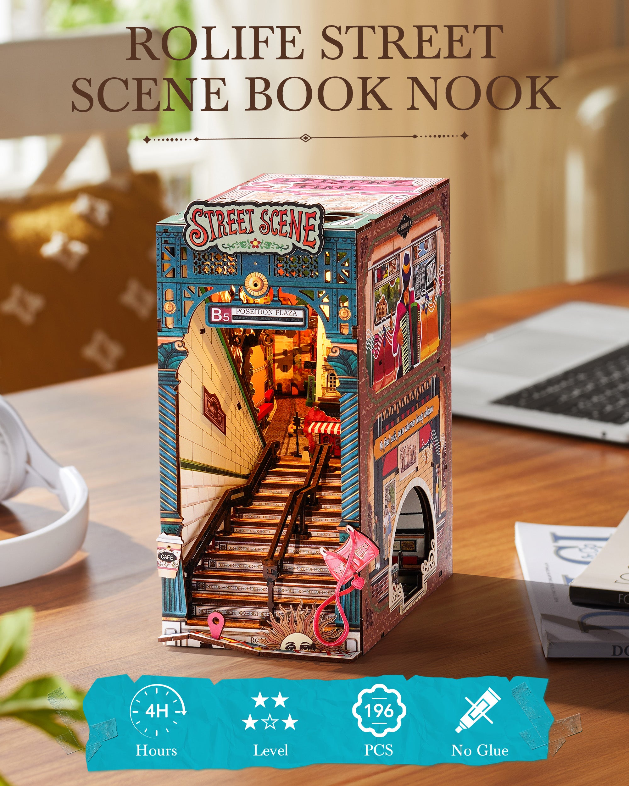 Rolife Urban Street Scene Bookend Set - 3D Subway Scene, 3D Puzzle Set With LED Lights, 196 Wooden Puzzle Pieces, Bookshelf Decoration With Dust Cover, Modern Urban 3D Model Gift