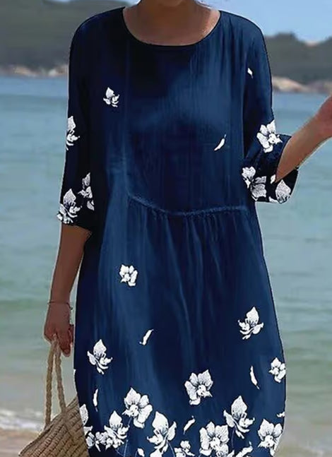 Women's Casual Round Neck Mid Sleeve Print Cotton And Linen Dress