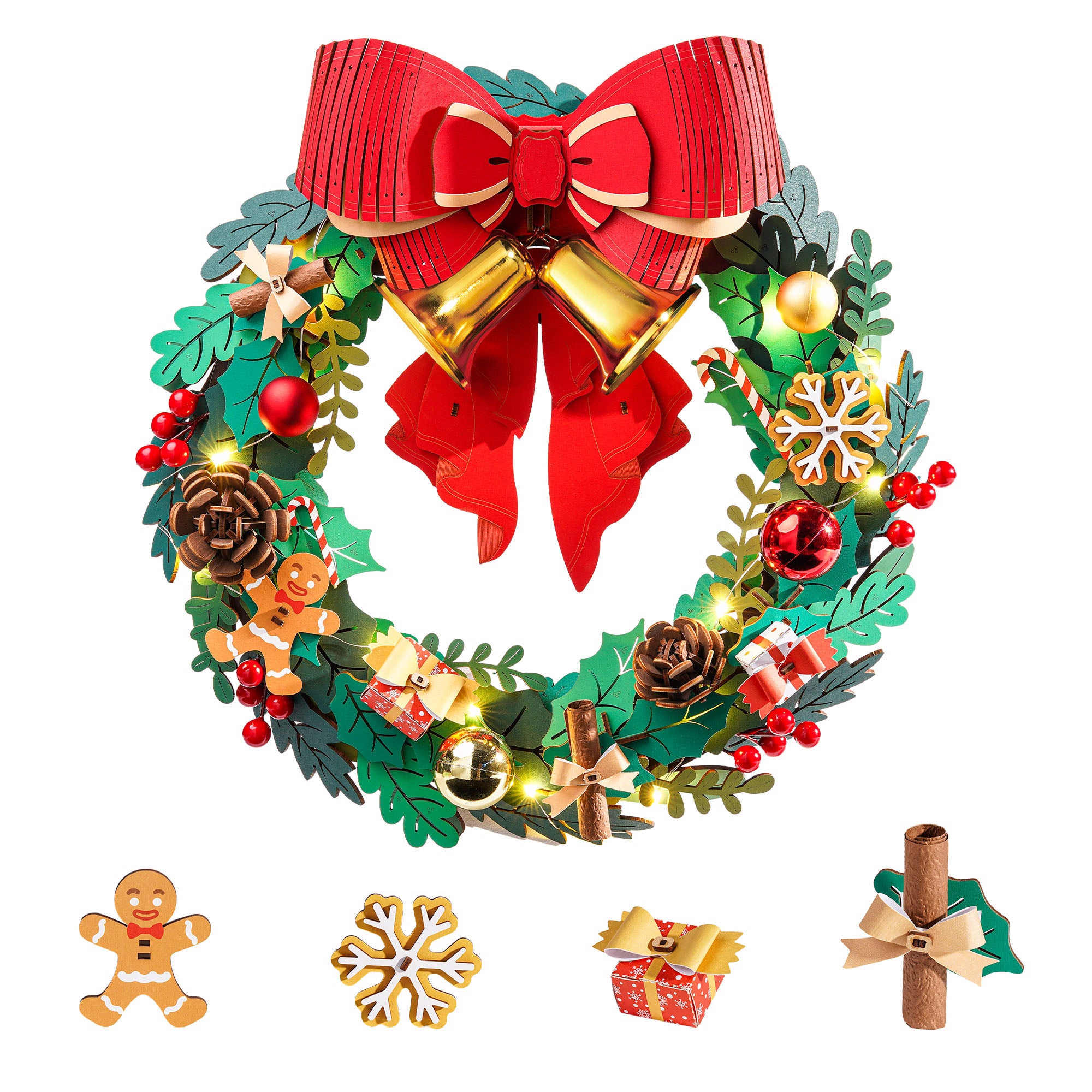 Rolife 3D Wooden Puzzle - Christmas Wreath, Classic Christmas Colors, LED Lights And Red Bow,252-Piece DIY Christmas Decoration, DIY Craft, Suitable For Doors And Walls