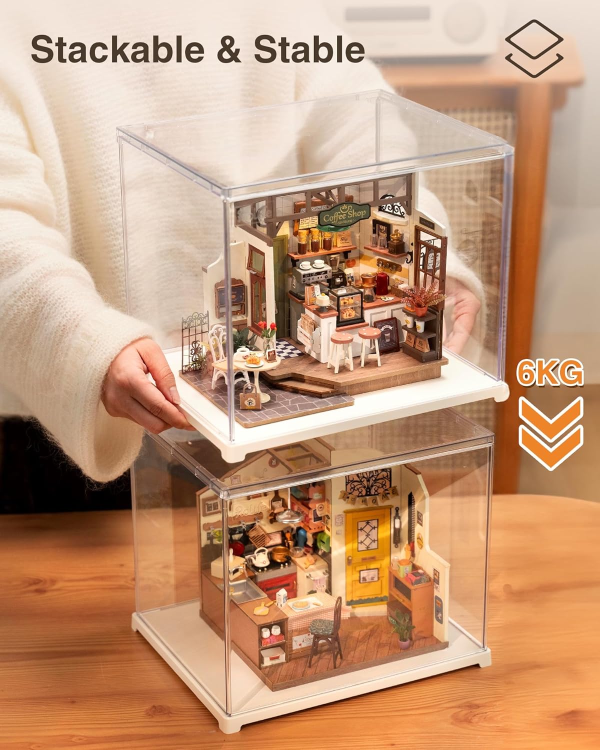 Rolife Acrylic Display Case, Transparent Dust Cover, Suitable For Miniature Houses And 3D Puzzle Models, Stackable Design