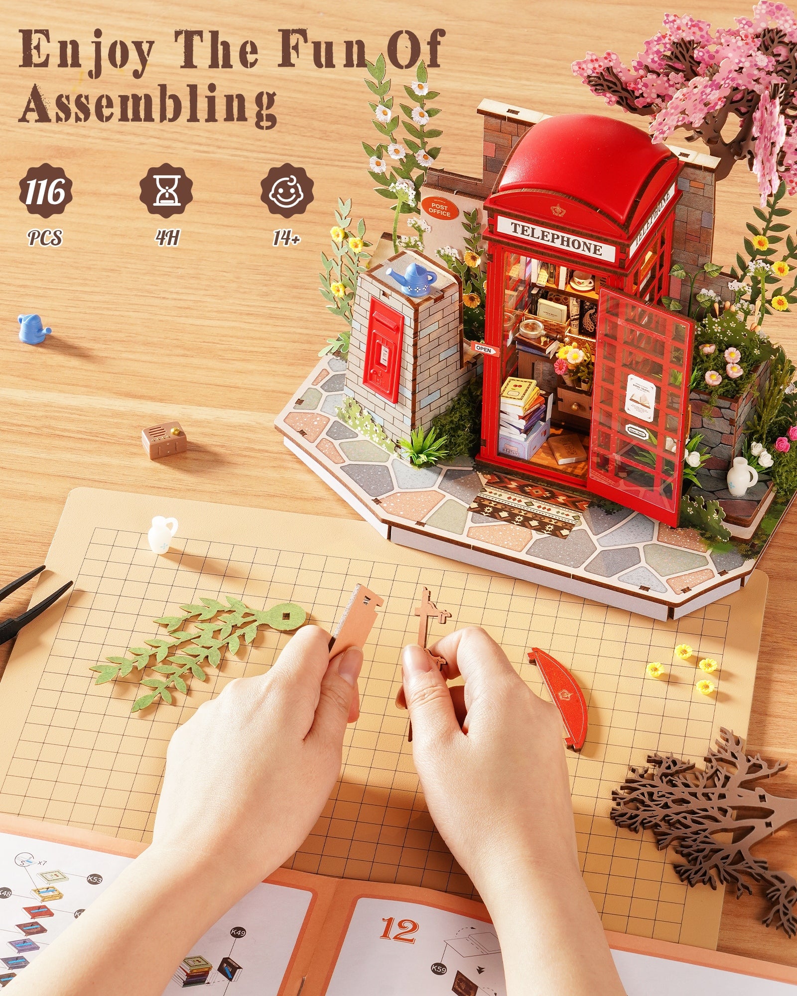Robotime Cherry Blossom Book Stand 3D Wooden Puzzle Set - 116-Piece Mini Telephone Booth Model With LED Light, DIY Craft Toy, Home Desktop Decoration, Gift For Adults & Teens
