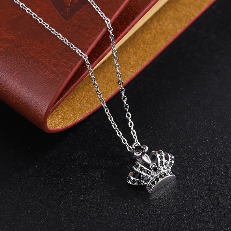 S925 Sterling Silver Black Zircon Small Thai Silver Crown Pendant Retro Worn Necklace