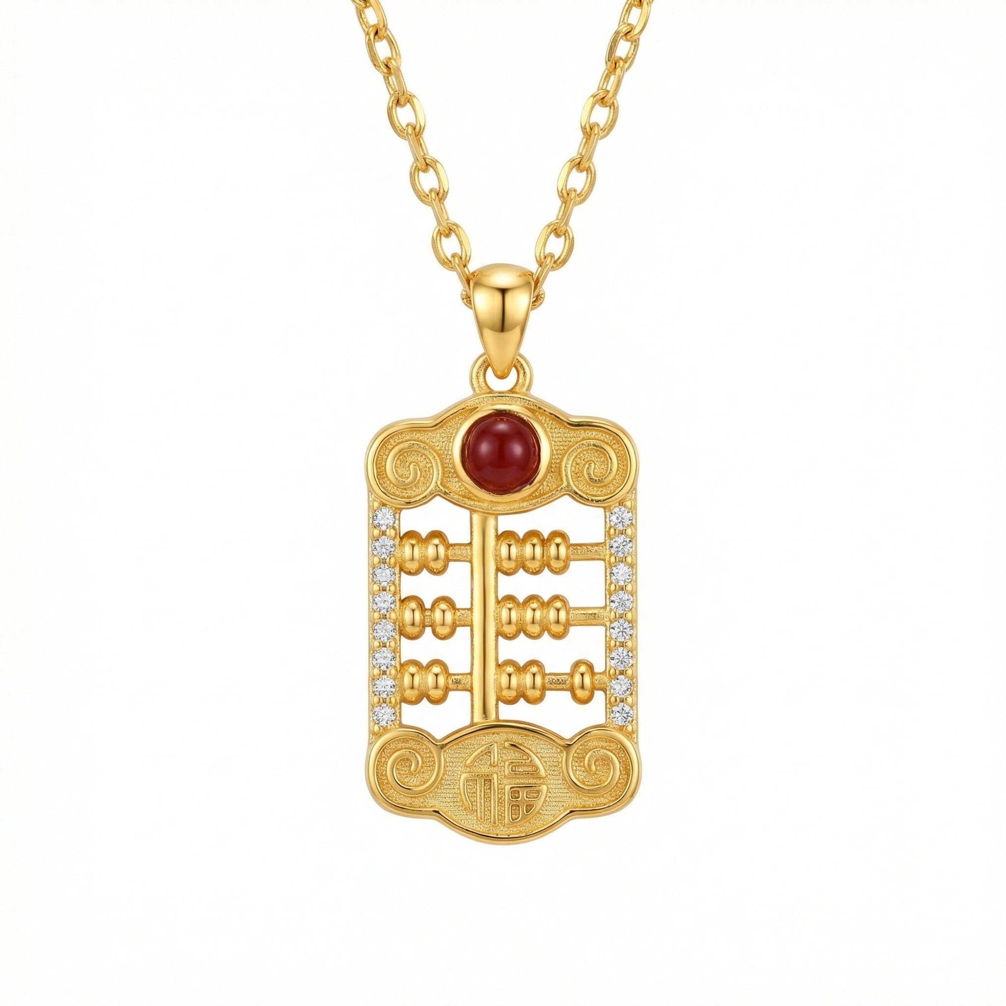 925 Sterling Silver Traditional Suanpan Blessing Necklace Featuring Prosperity Symbols and Radiant Red Gemstone