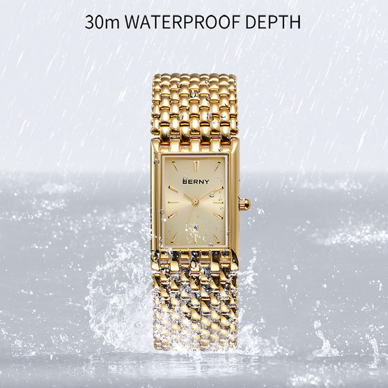 Ultra-thin Gold Quartz Watch Rectangular Stainless Steel Band Waterproof Couple Watch