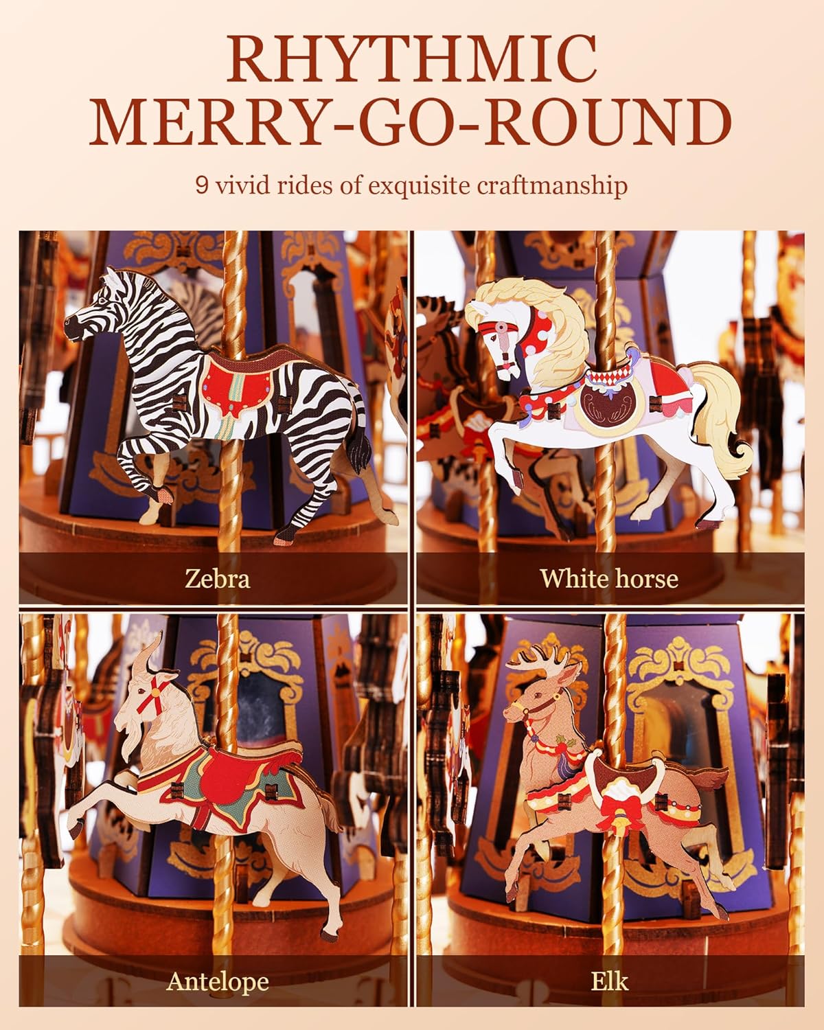 ROBOTIME 3D Wooden Puzzle Classic Carousel Music Box With LED Lights, Model Kits For Adults To Build, Gear Model Building Construction Craft Kits