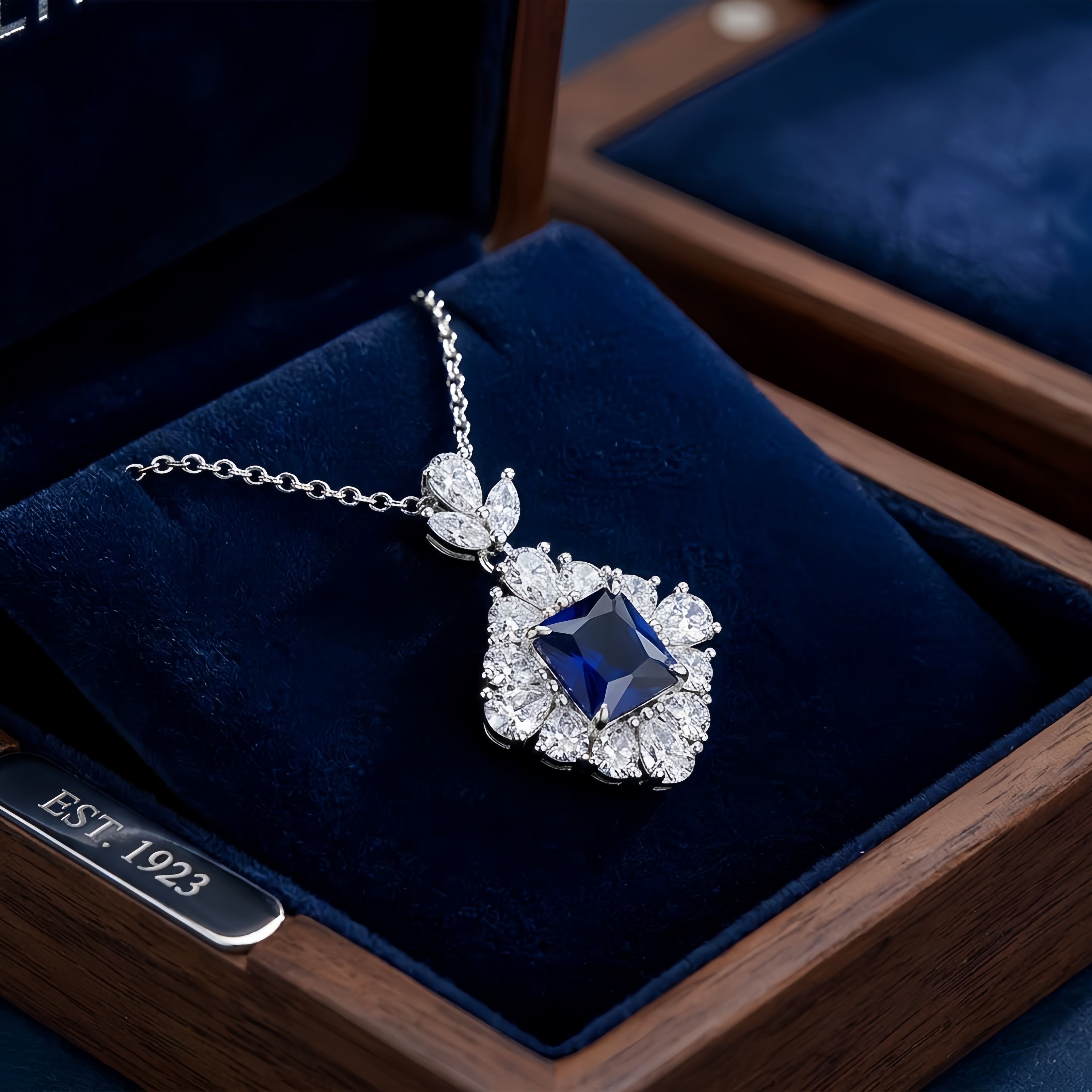 925 Sterling Silver Elegant Square-Cut Sapphire Necklace with CZ Halo in White Gold