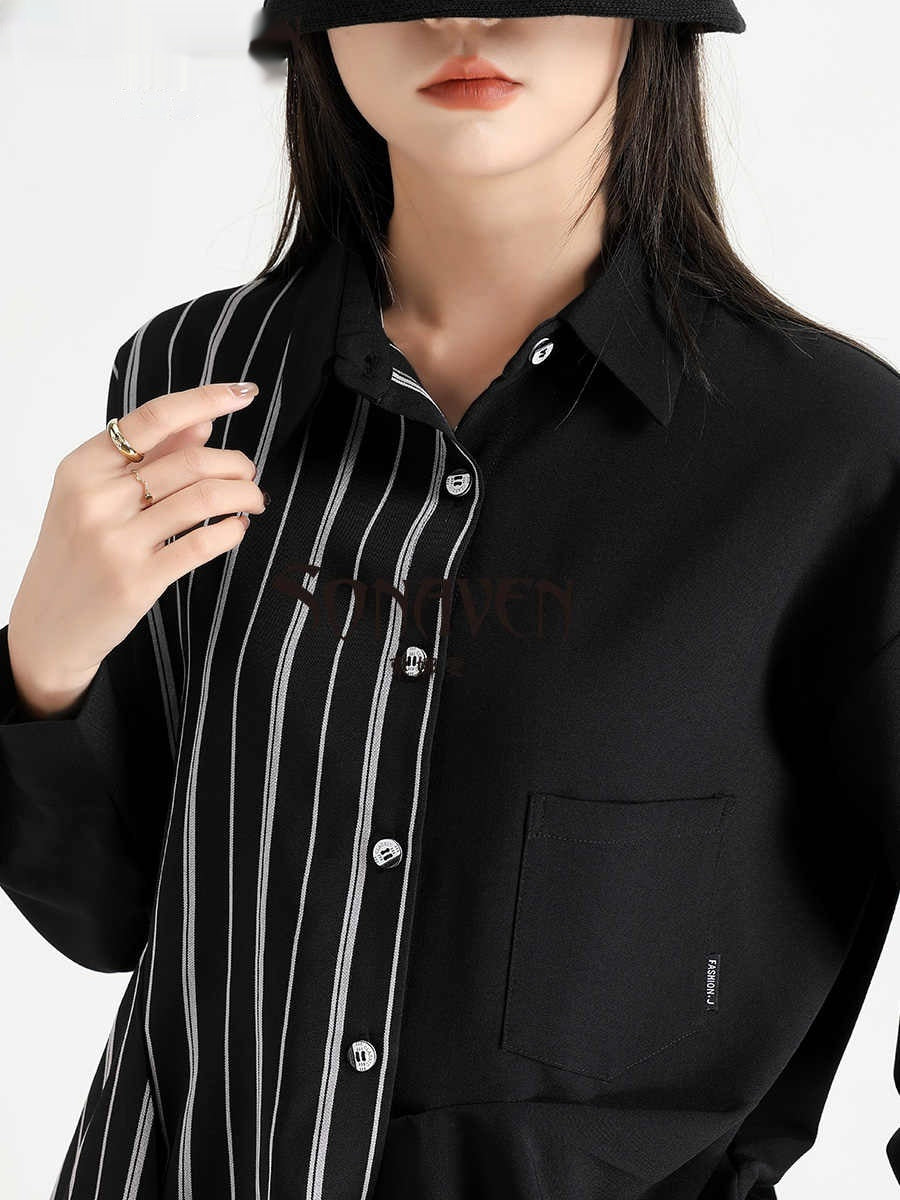 Irregular Striped Patchwork Mid-length Shirt