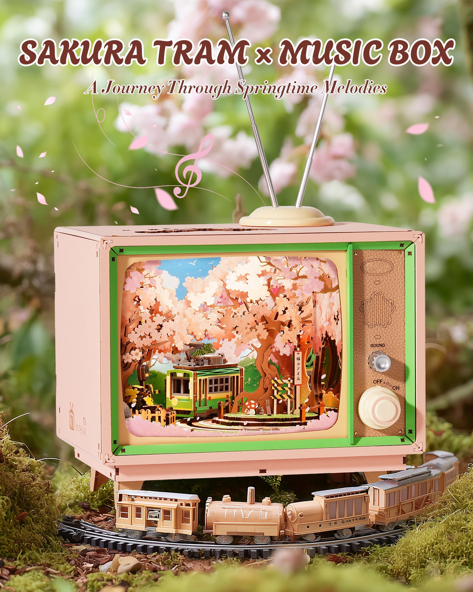 Rolife 3D Cherry Blossom Tram Model, 283-piece Wooden Anime-style 3D Puzzle Model With LED Lights And Music, USB Powered, Decorative Item, Handmade Gift