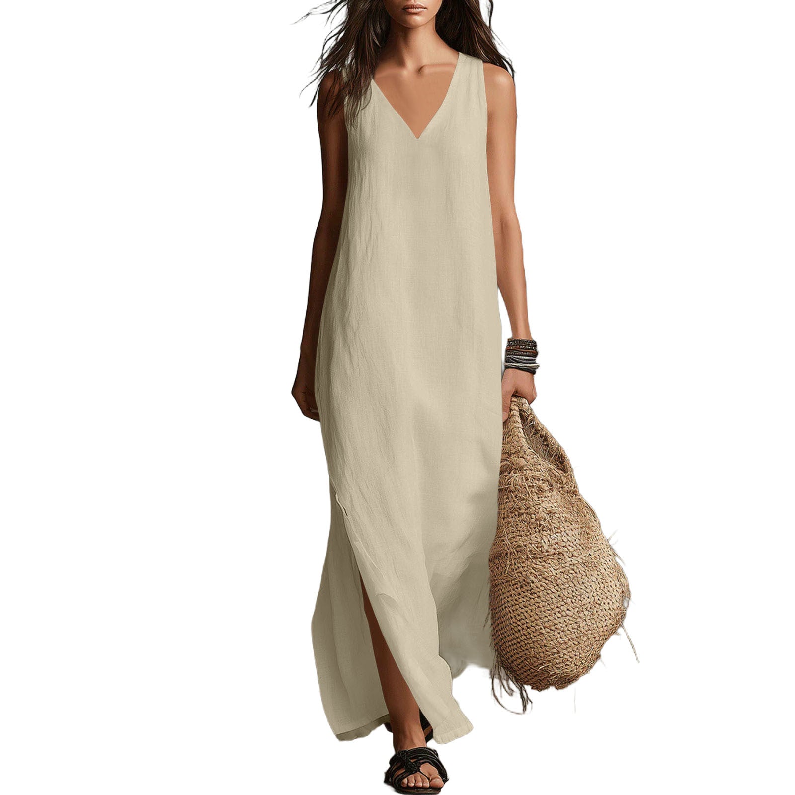 Loose Sleeveless V-Neck Solid Color Cotton-Linen Casual Long Dress