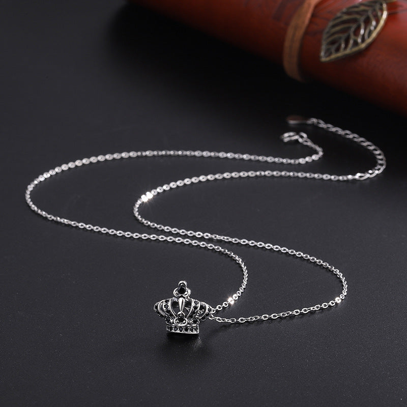 S925 Sterling Silver Black Zircon Small Thai Silver Crown Pendant Retro Worn Necklace