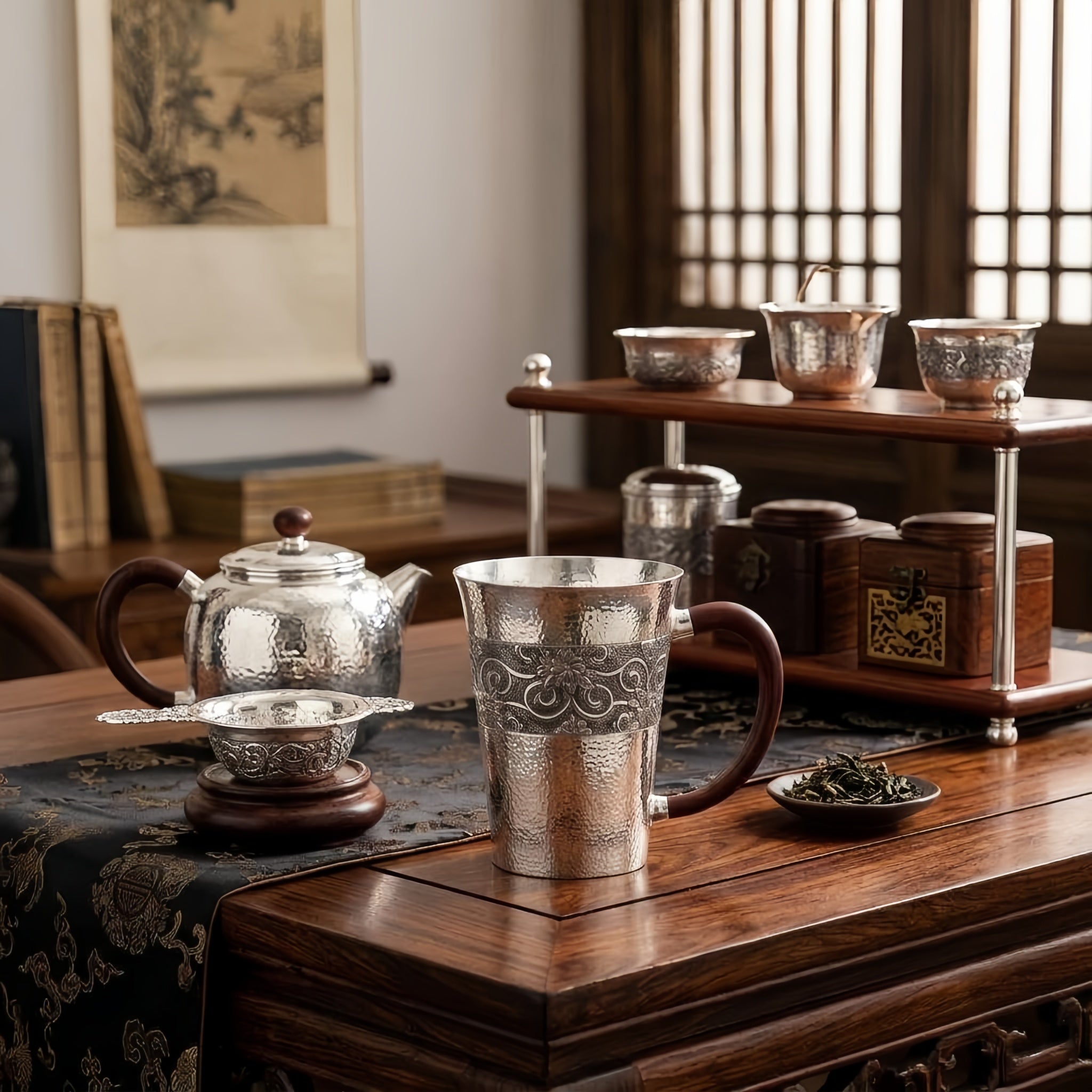 Pure 999 Fine Silver Handcrafted Hammered Silver Mug with Ornate Floral Relief and Wooden Handle - Handicraft