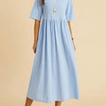 Plus Size Loose Cotton Linen Dress, Round Neck  Sleeve Midi Dress With Pockets