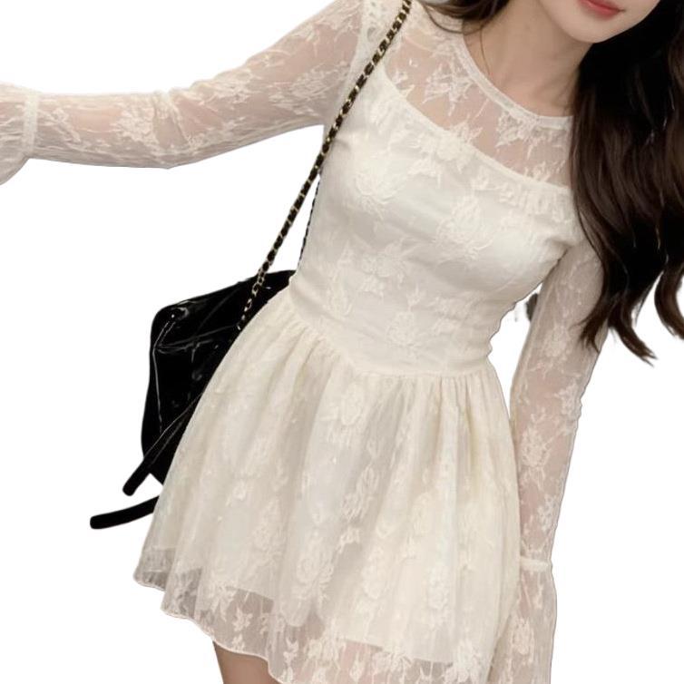 Korean-style Milk Apricot Long-Sleeve Lace Patchwork Dress