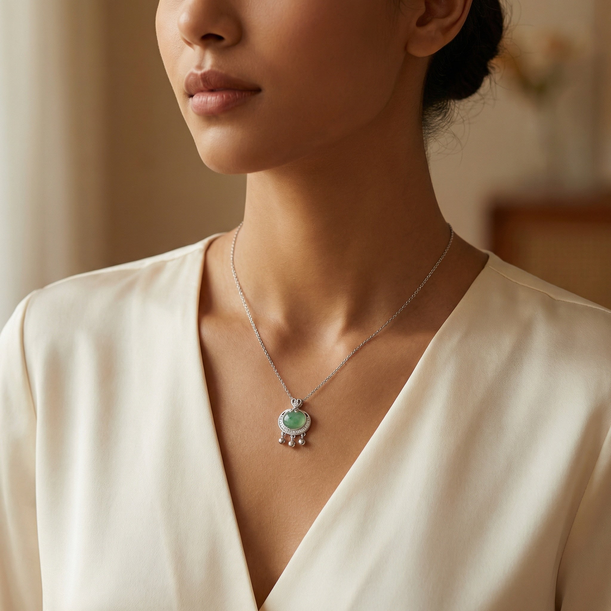 925 Sterling Silver Elegant Silver Longevity Lock Pendant Necklace Featuring a Green Jade Cabochon