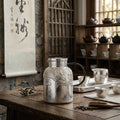 Pure 999 Fine Silver Elegant  Dragon-Embossed Jug with Hammered Texture and Brown Leather Handle-Premium water bottle - Handicraft
