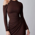 Chocolate Ruched Mini Dress With Gold Button Cut-Out Detail