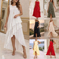 Elegant Casual Asymmetrical Ruffle-Trimmed Resort-Style Dress