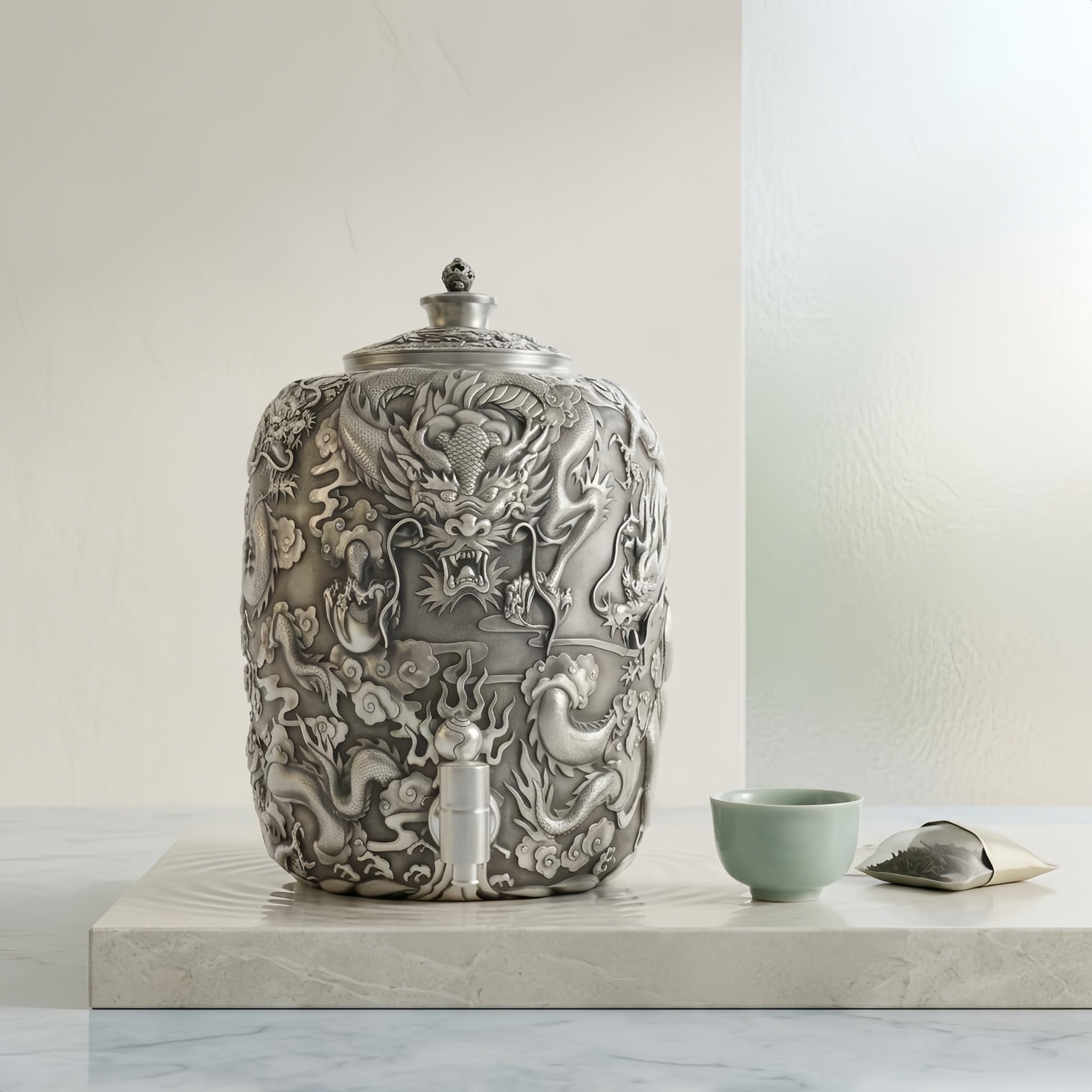 Pure 999 Fine Silver Ornate Silver Dragon-Carved Beverage Dispenser with Intricate Oriental Relief Art - Handicraft