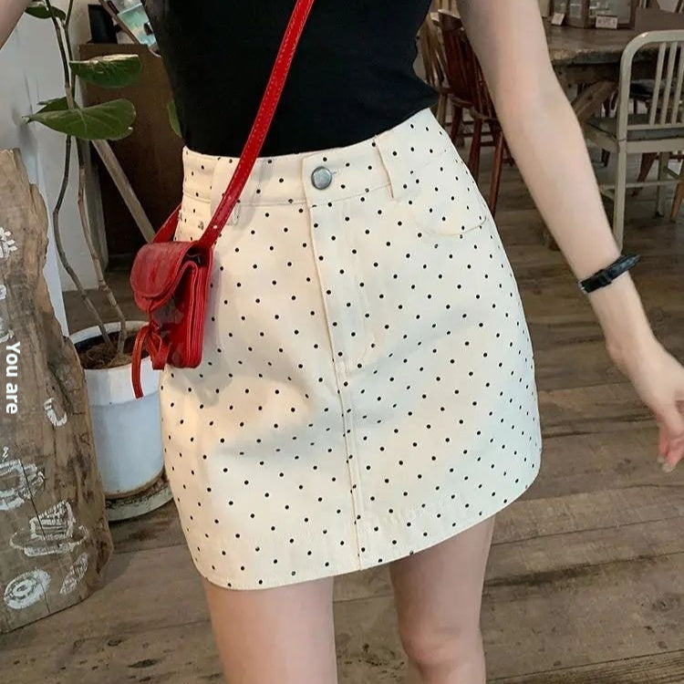 Polka-dot Denim Skirt For Women