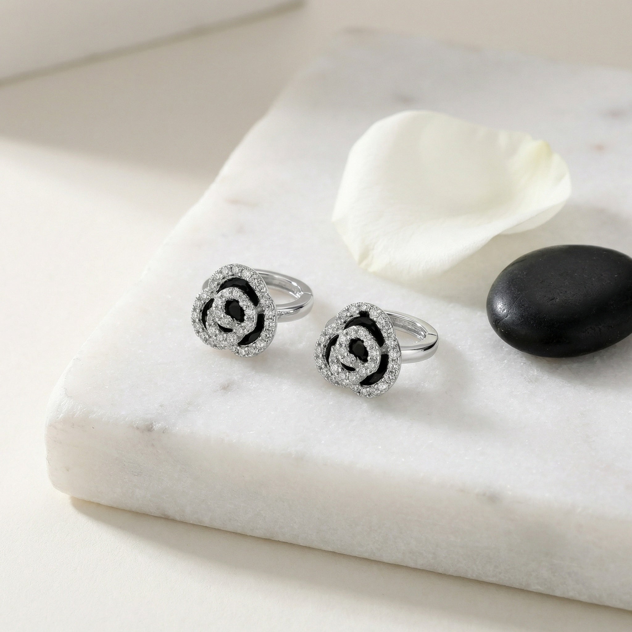 925 Sterling Silver Elegant Sterling Silver Rose Flower Huggie Hoop Earrings with Black and White Accents