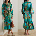 Vacation Lapel Collar Single-Breasted Puff-Sleeve Long-Sleeve Retro Printed Dress