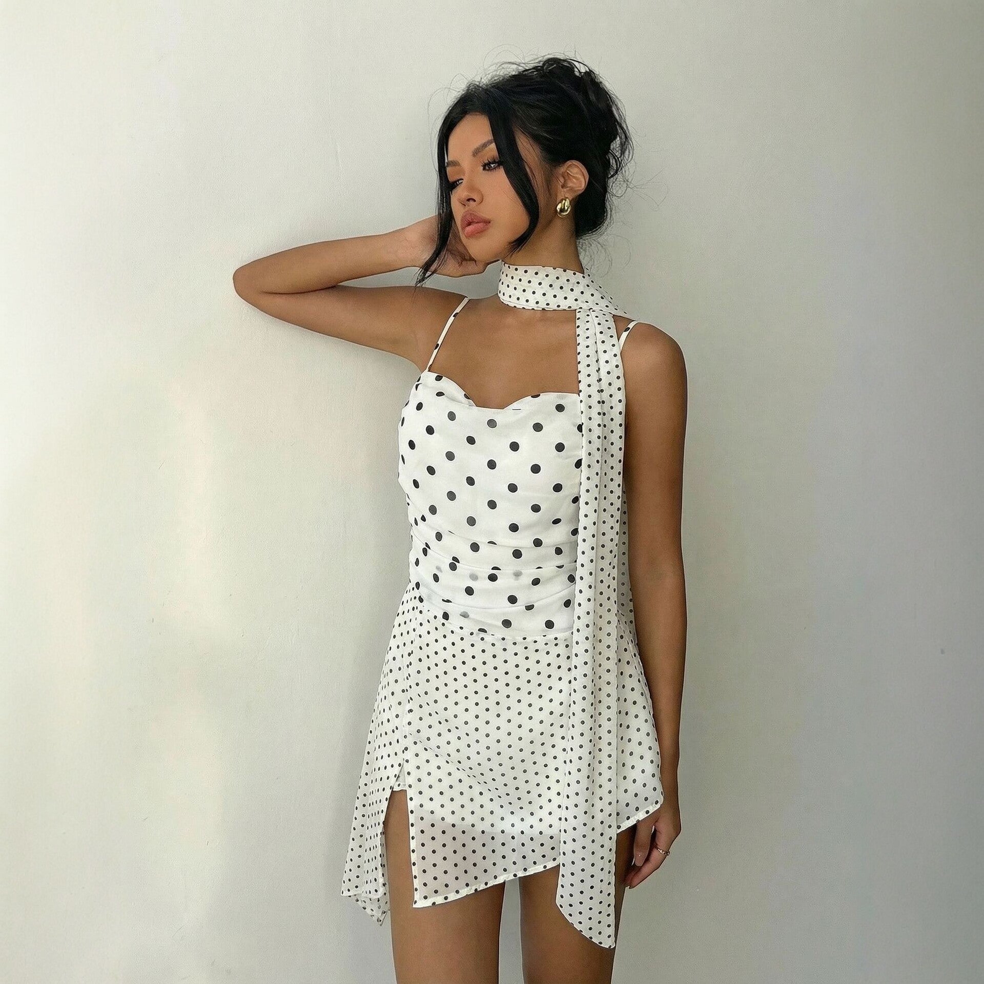 Polka-dot Slip Dress Womens Halterneck Backless Short Skirt