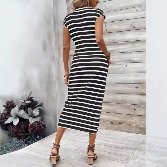 Waist Strap Striped Round Neck Short Sleeve And Long Pattern Dress