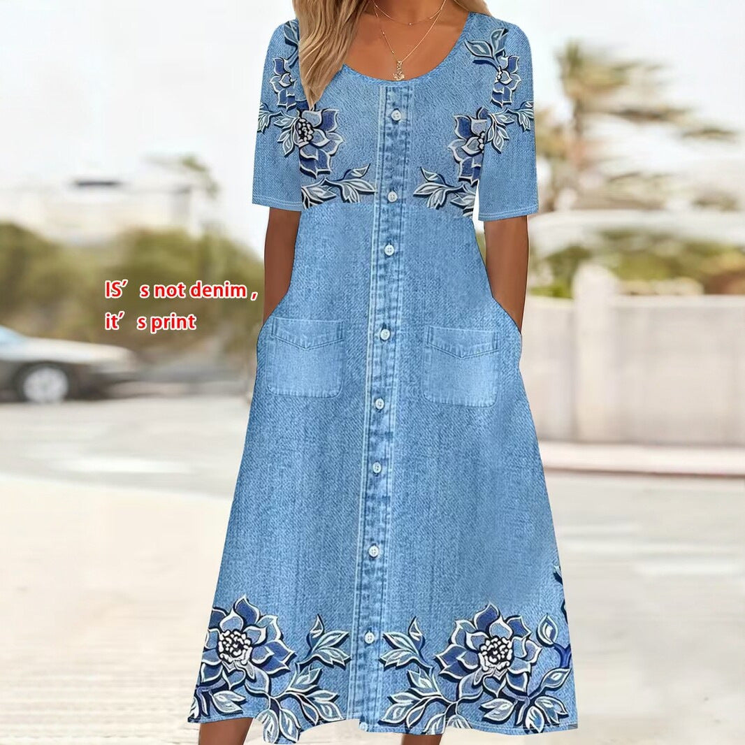 Womens Casual Round-Neck Printed Swing Dress