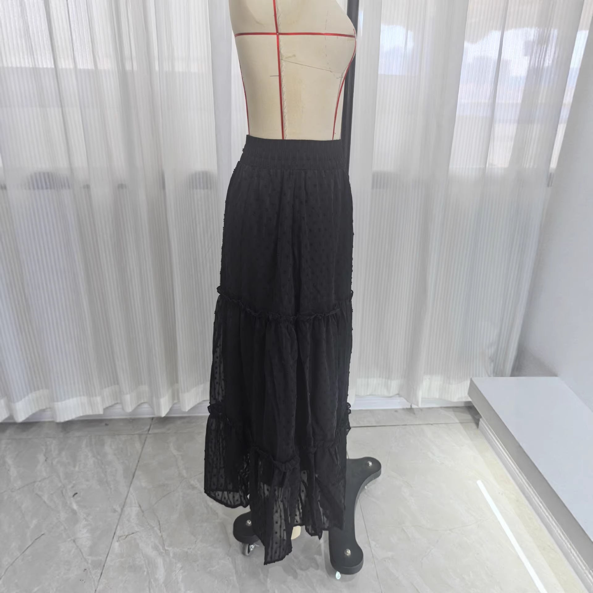 French-style Ruffle-trimmed Lace Patchwork Skirt A-line Slimming Layered Long Dress
