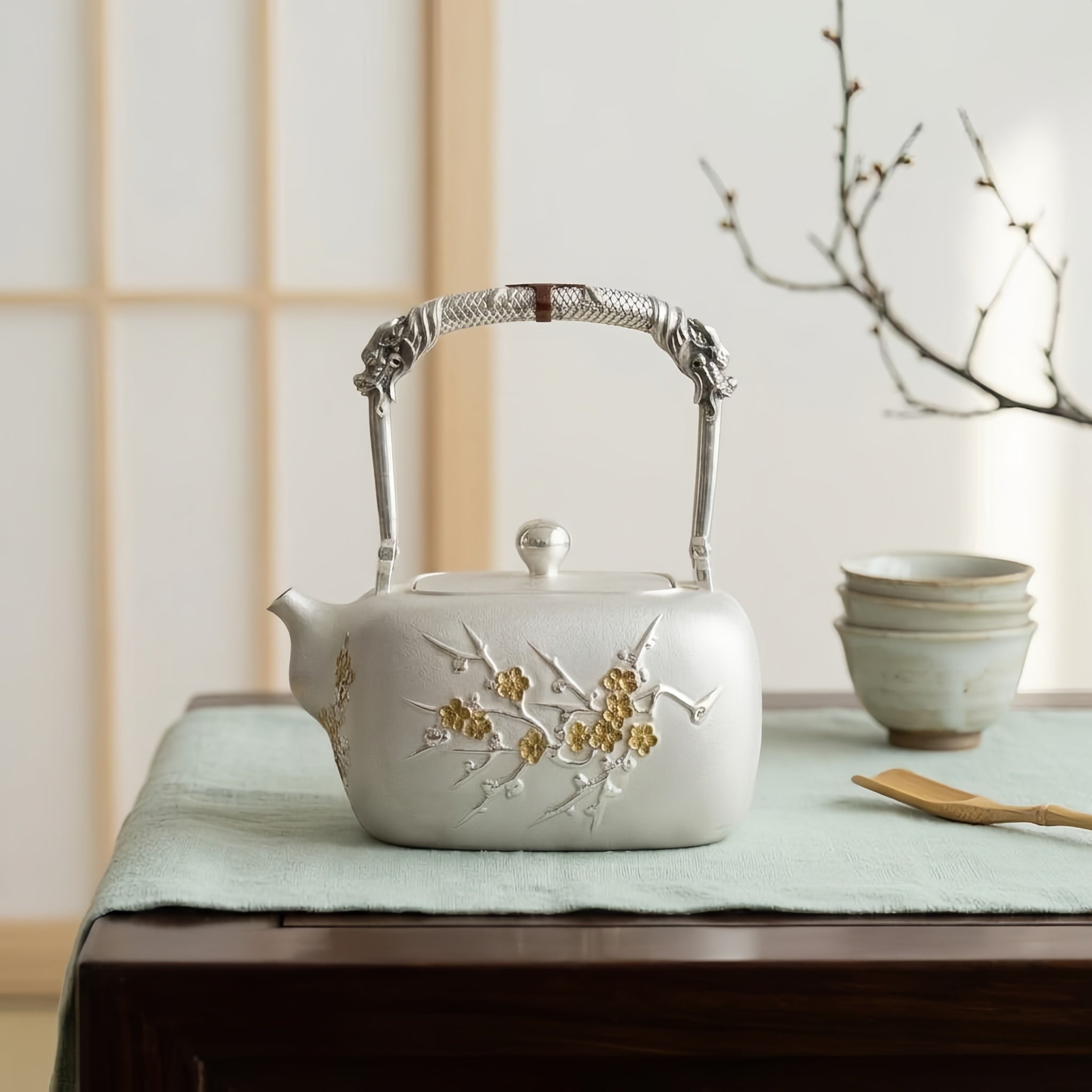 Pure 999 Fine Silver Elegant Sterling Silver Teapot Featuring Plum Blossoms and Intricate Dragon Handle - Handicraft