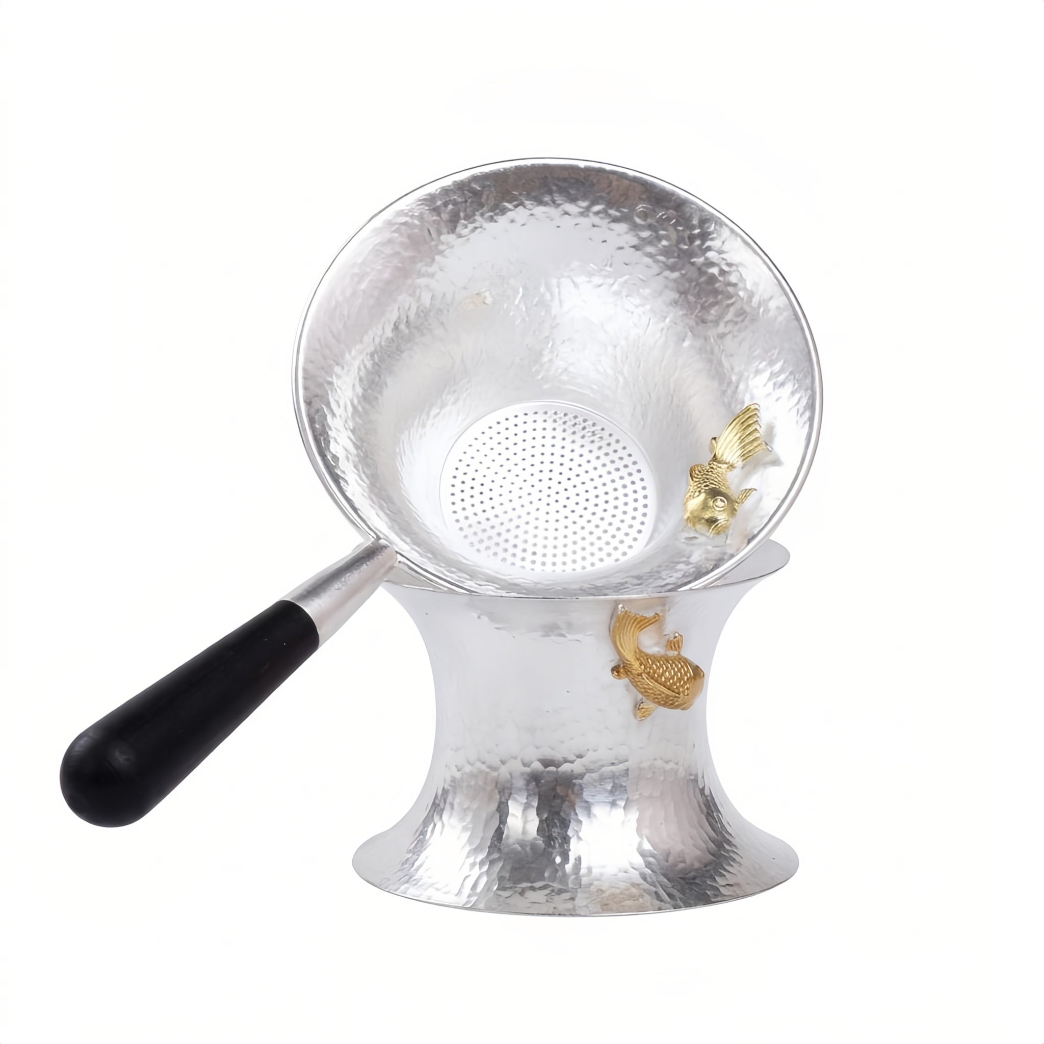 Pure 999 Fine Silver Hand-Hammered Silver Tea Strainer Set with Brass-Toned Fish Accents and Black Handle - Handicraft
