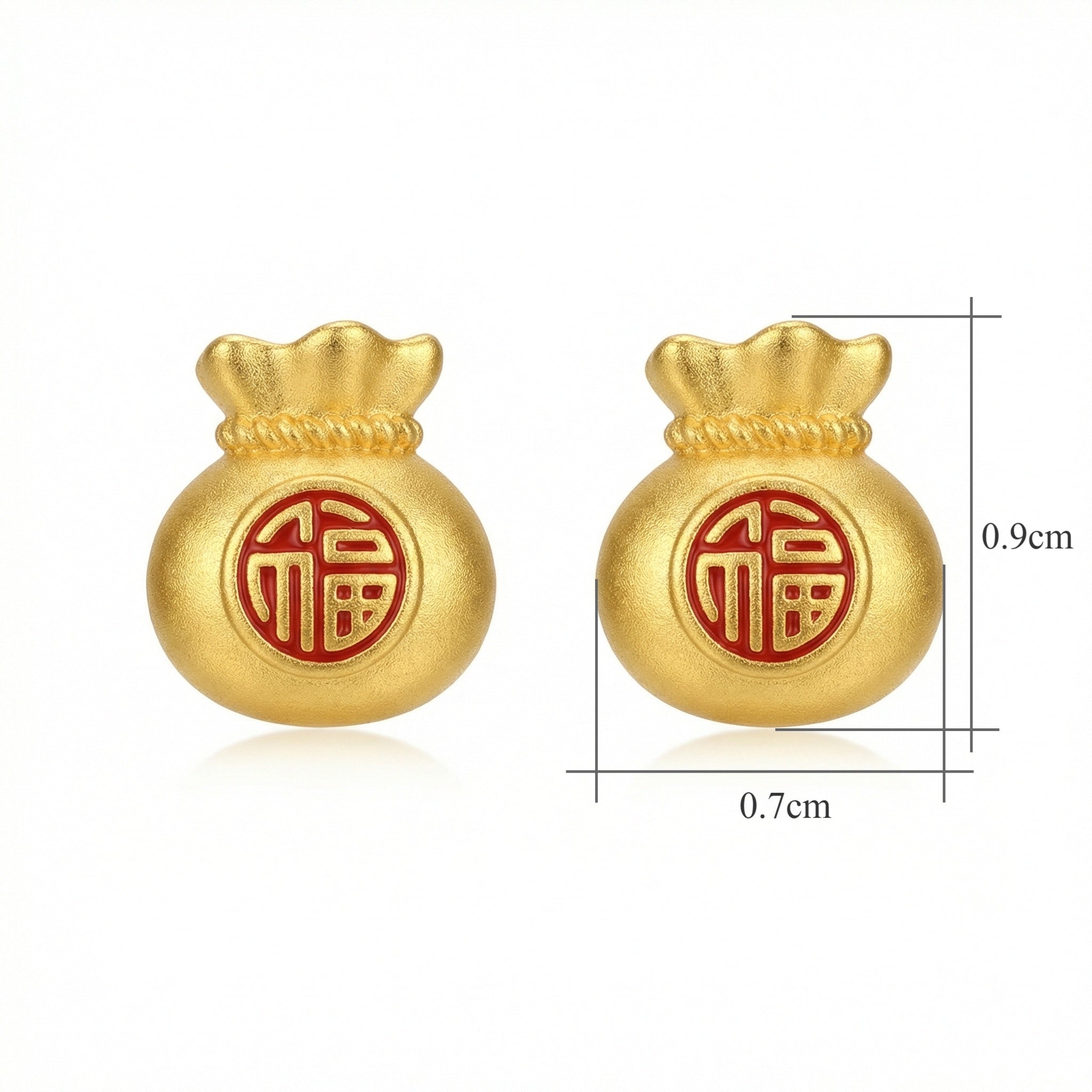 925 Sterling Silver Prosperity Money Bag Studs with Red Fu Character Blessing