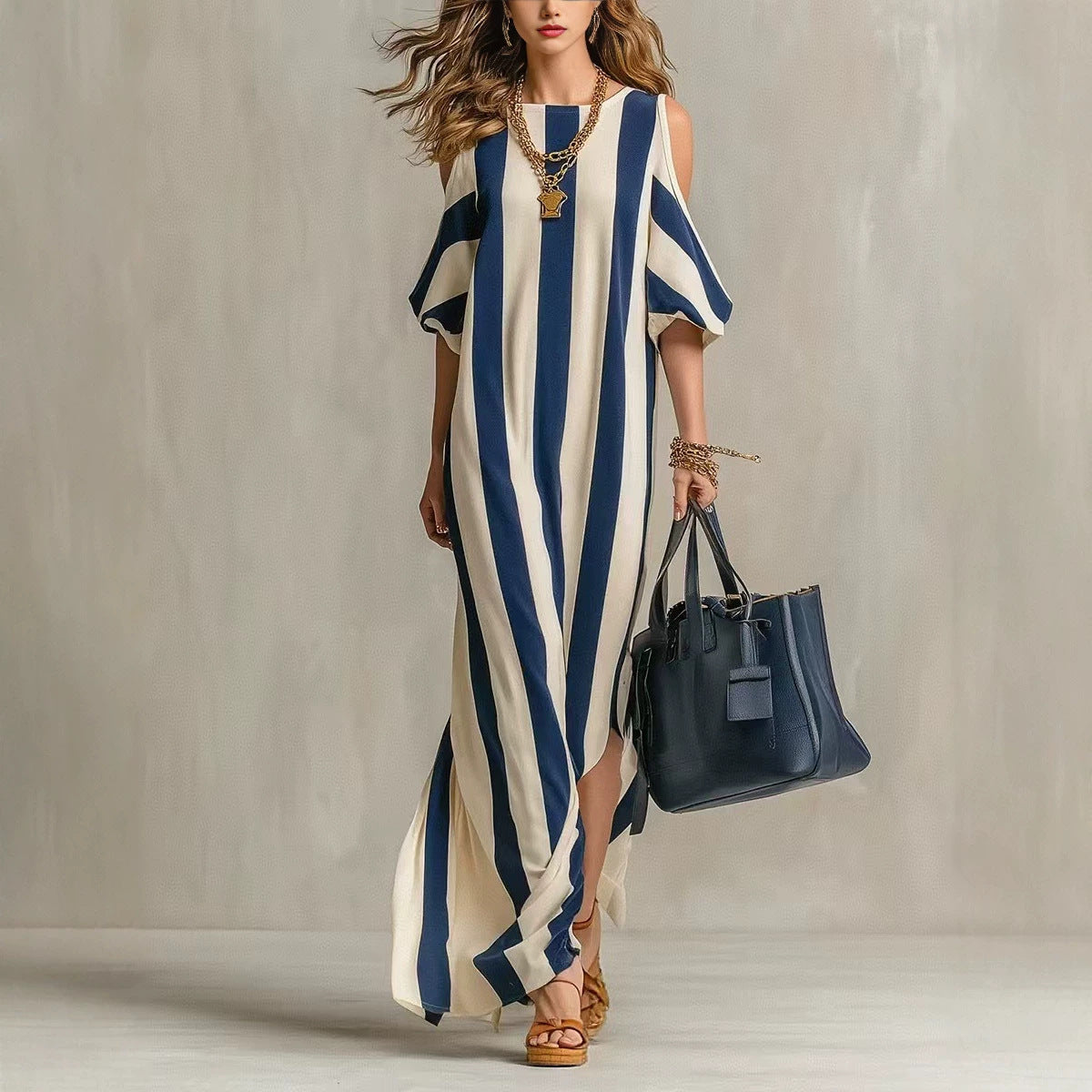 Off-Shoulder Color-Block Stylish Striped Long Split Casual Dress