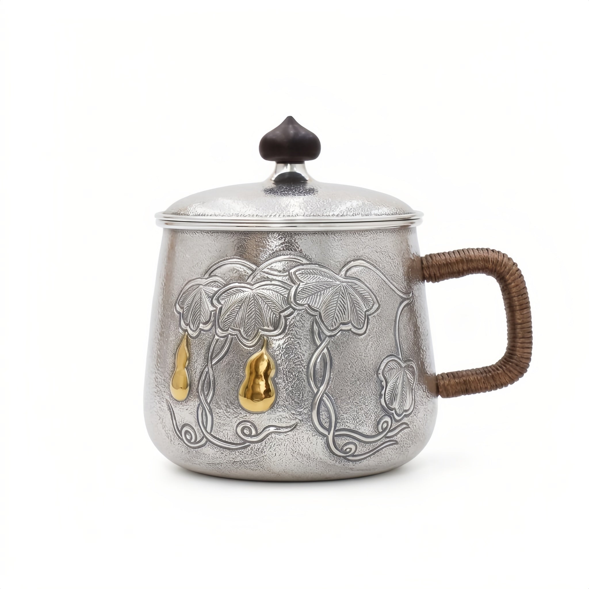 Pure 999 Fine Silver Elegant  Gourd Mug with Gold Accents and Woven Handle-Premium Tea Mug - Handicraft
