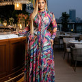 Multicolor Abstract Print Long Sleeve Maxi Dress