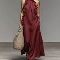 Summer Halter Neck Ruffled Sleeveless Dress, Loose Fit Flowy Dress With Pockets