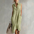 New Lapel-Neckline Pocketed Striped Sleeveless Button-Up Casual Dress