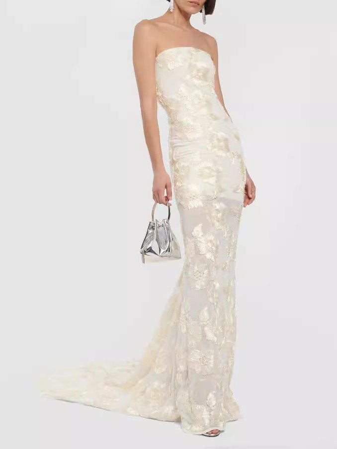 Strapless Floral Lace Mermaid Gown With Train