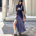 Summer New Arrival Pearl Chiffon Skirt, Asymmetrical Blue Plaid
