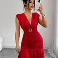 Women's Summer New Fashion Elegant Solid Color V-Neck Ruched Design Waist-Cinching Short Dress Suitable For Dates